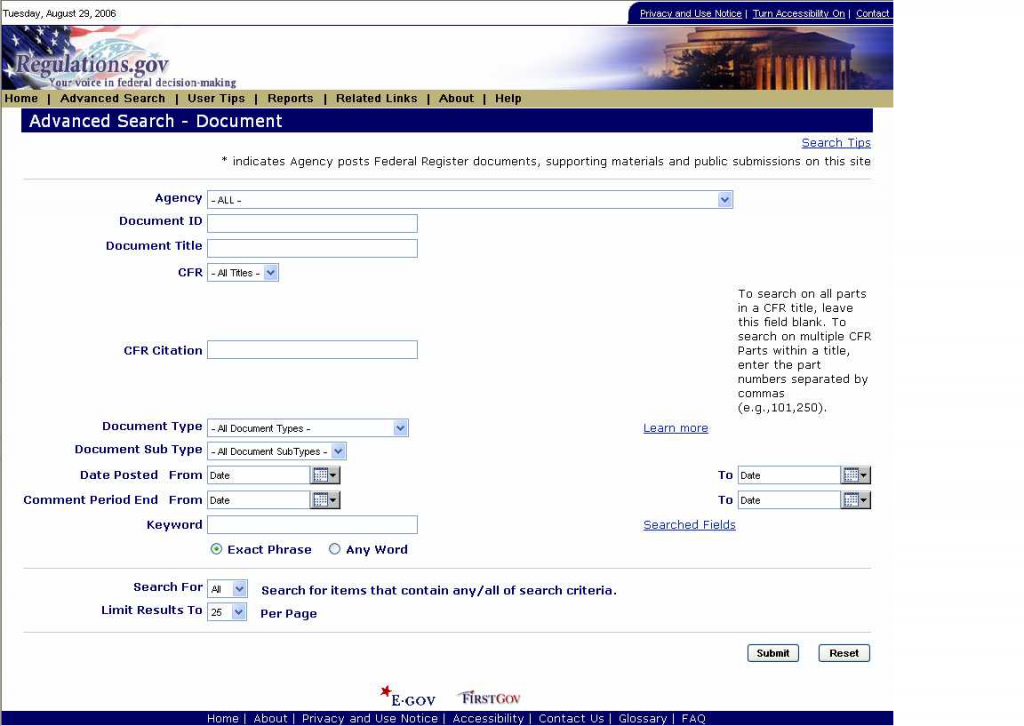 regulations.gov website search screen