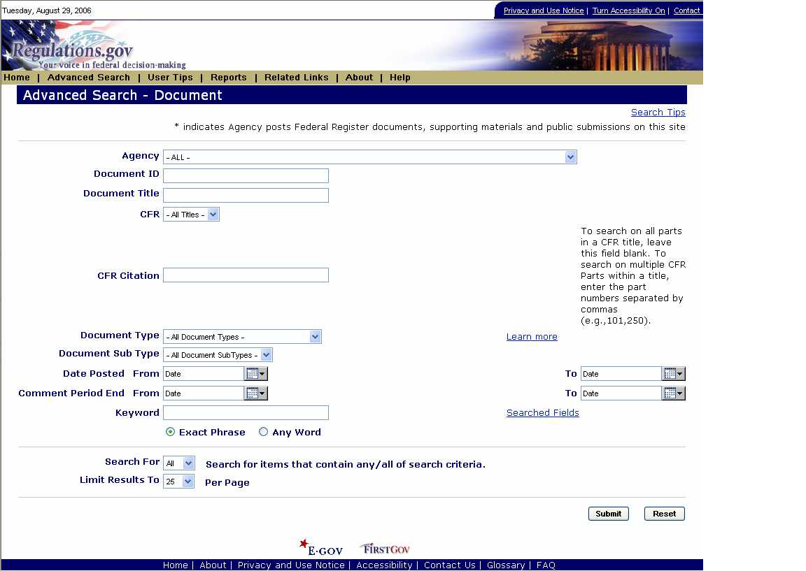 regulations.gov website search screen