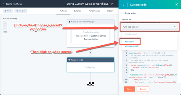 Screenshot showing how to select a Secret in your custom code