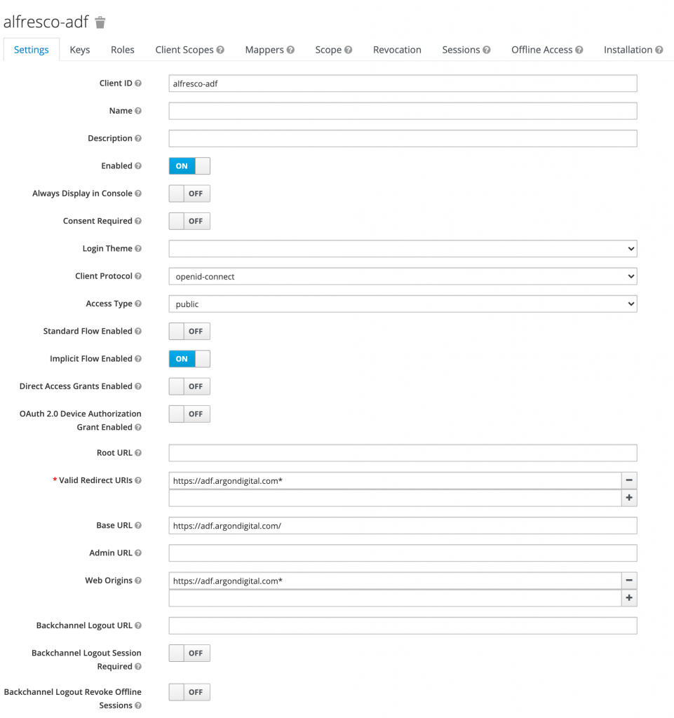 Example ADF client config in Alfresco Identity Service
