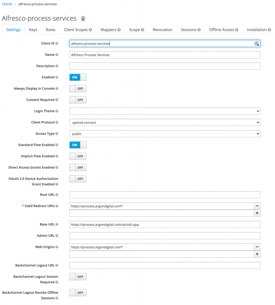 Example APS client config in Alfresco Identity Service