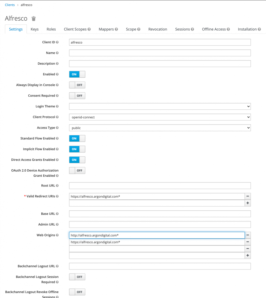 Example Alfresco client config in Alfresco Identity Service