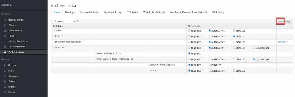 Setting up a new authentication flow in Alfresco Identity Service