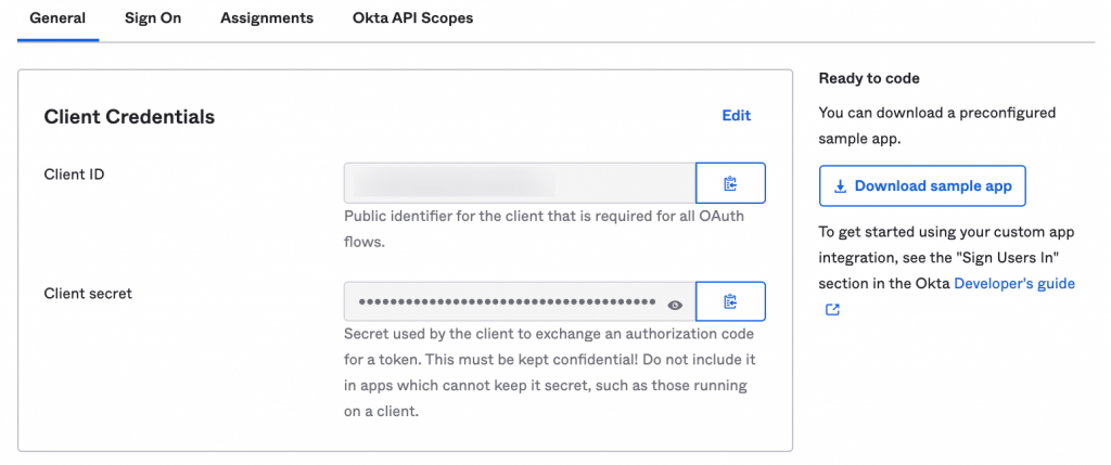 Generated client ID and secret upon creating a new Okta app integration