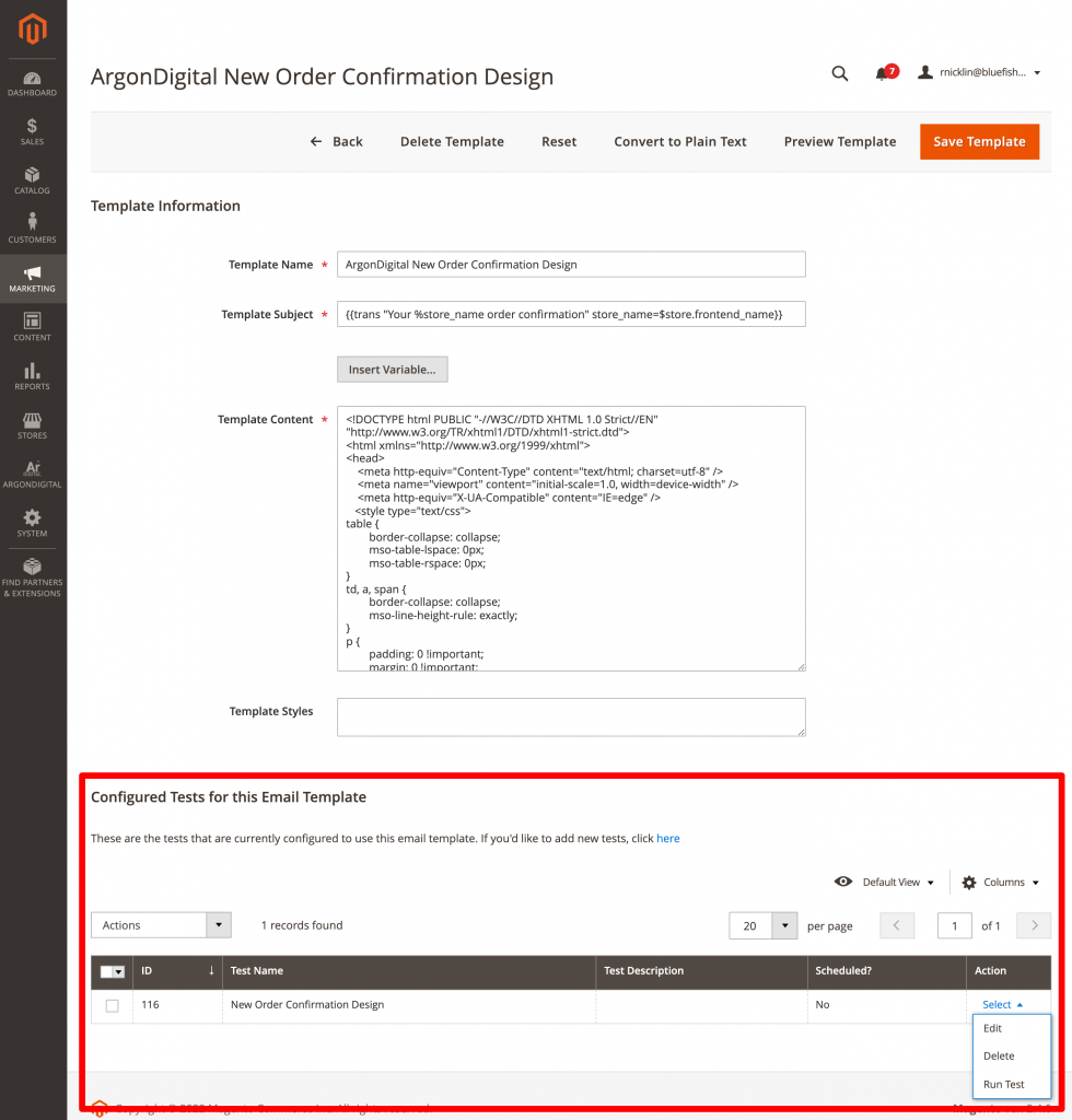 Manage Tests From Magento Transactional Email Template Editor